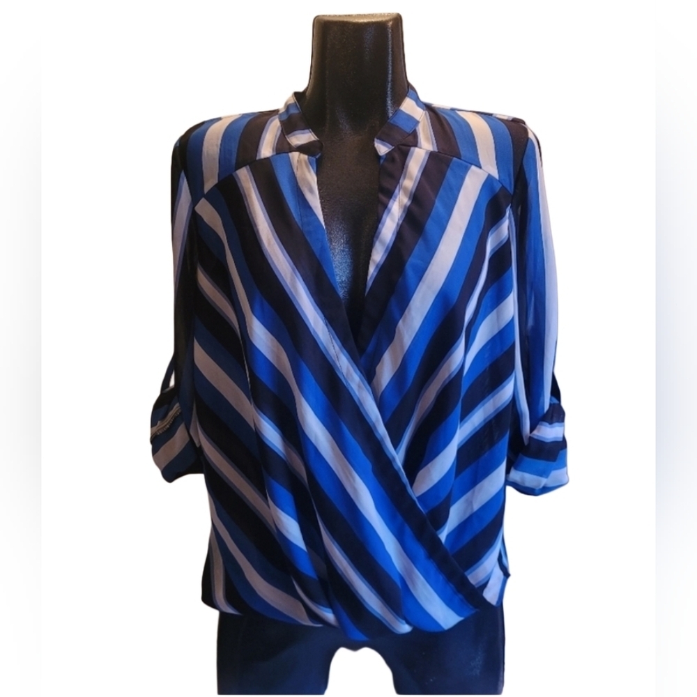 Suzy Shier Blue and White Striped Wrap Blouse